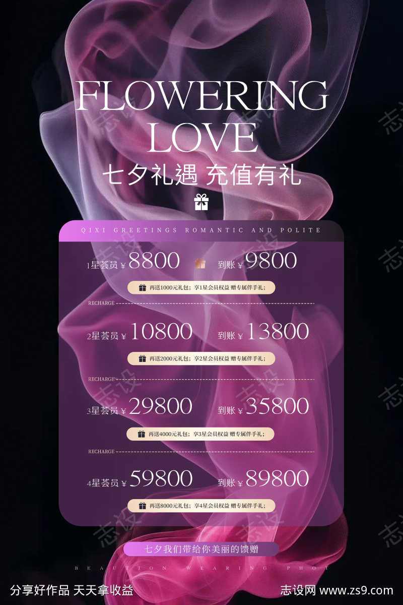 紫色大气文艺简约七夕礼遇充值有礼活动海报
