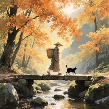 枫叶僧人朝阳_AI图片下载_采样_2048X2048像素-枫叶,小黑猫,僧人-作品编号:2025081414229840-志˯设˙网