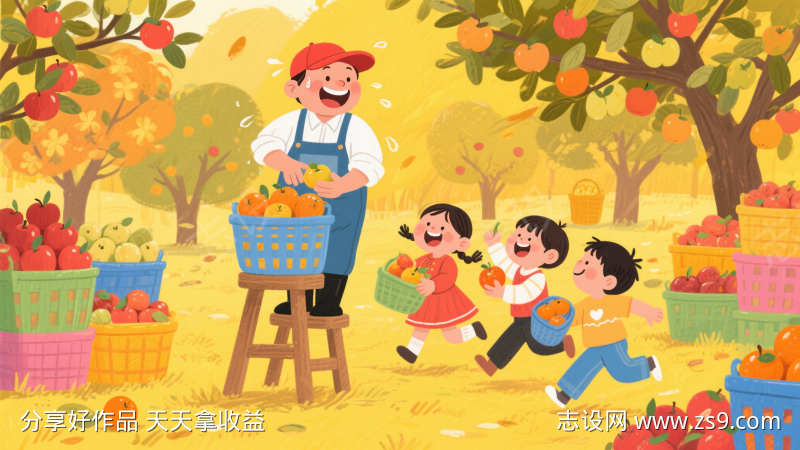 秋日果园果农和孩子采摘水果