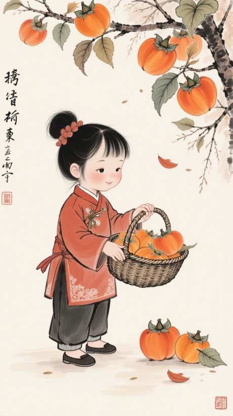 中式水墨秋季插画_AI图片下载_euler采样_864X1536像素-秋季插画,柿子红了,中式海报-作品编号:2025081516187930-志设-zs9.com