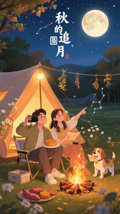 秋季露营追月插画_AI图片下载_采样_1152X2048像素-旅途,旅行,摄影-作品编号:2025081616146855-志设