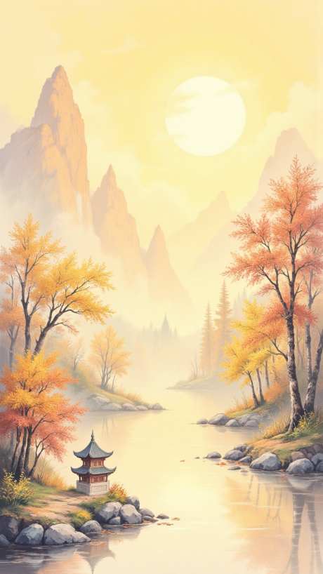 秋日山水画_AI图片下载_euler采样_864X1536像素-插画,秋,自然-作品编号:2025081810375889-志设