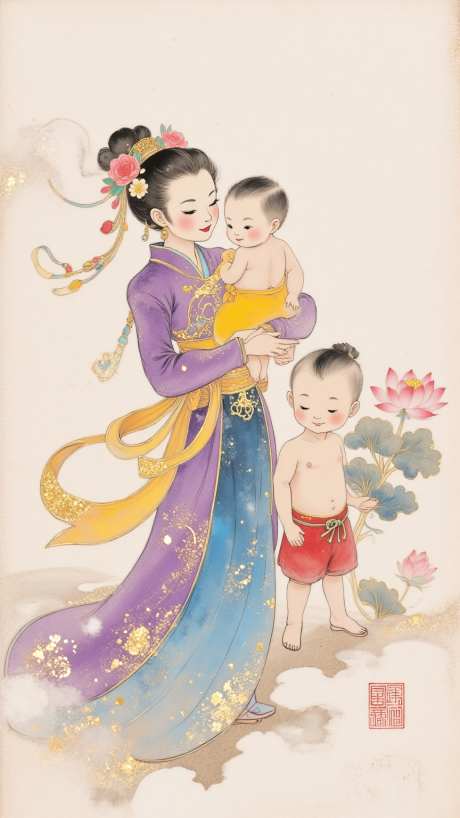 仕女携童图_AI图片下载_euler采样_864X1536像素-孩儿,仙女,吉祥喜庆-作品编号:2025082119529131-志˘设ˉ网