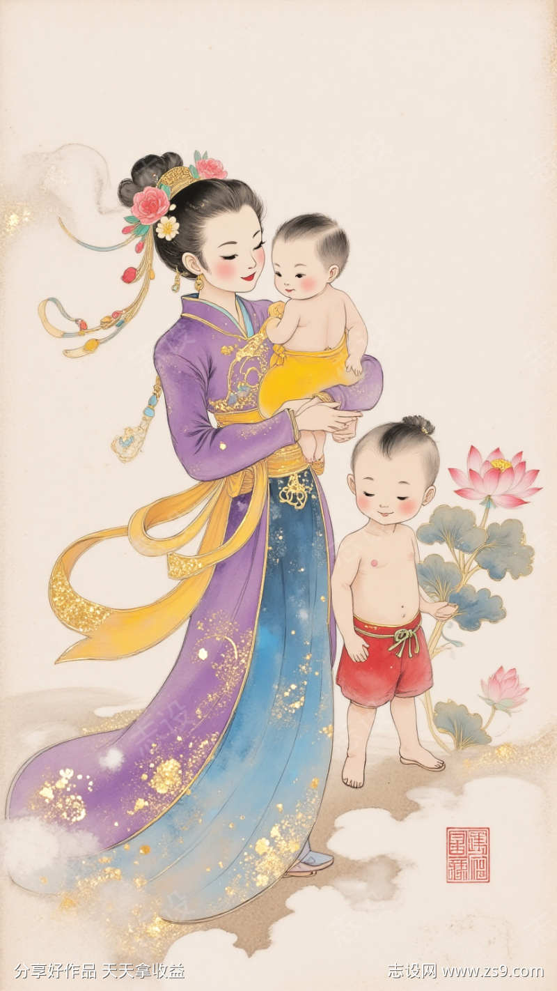 仕女携童图