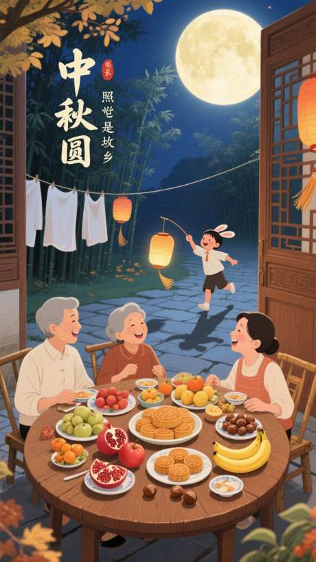 中秋节圆月团圆插画_AI图片下载_采样_1152X2048像素-门窗,圆桌,提灯笼-作品编号:2025082321213184-志·设˯网