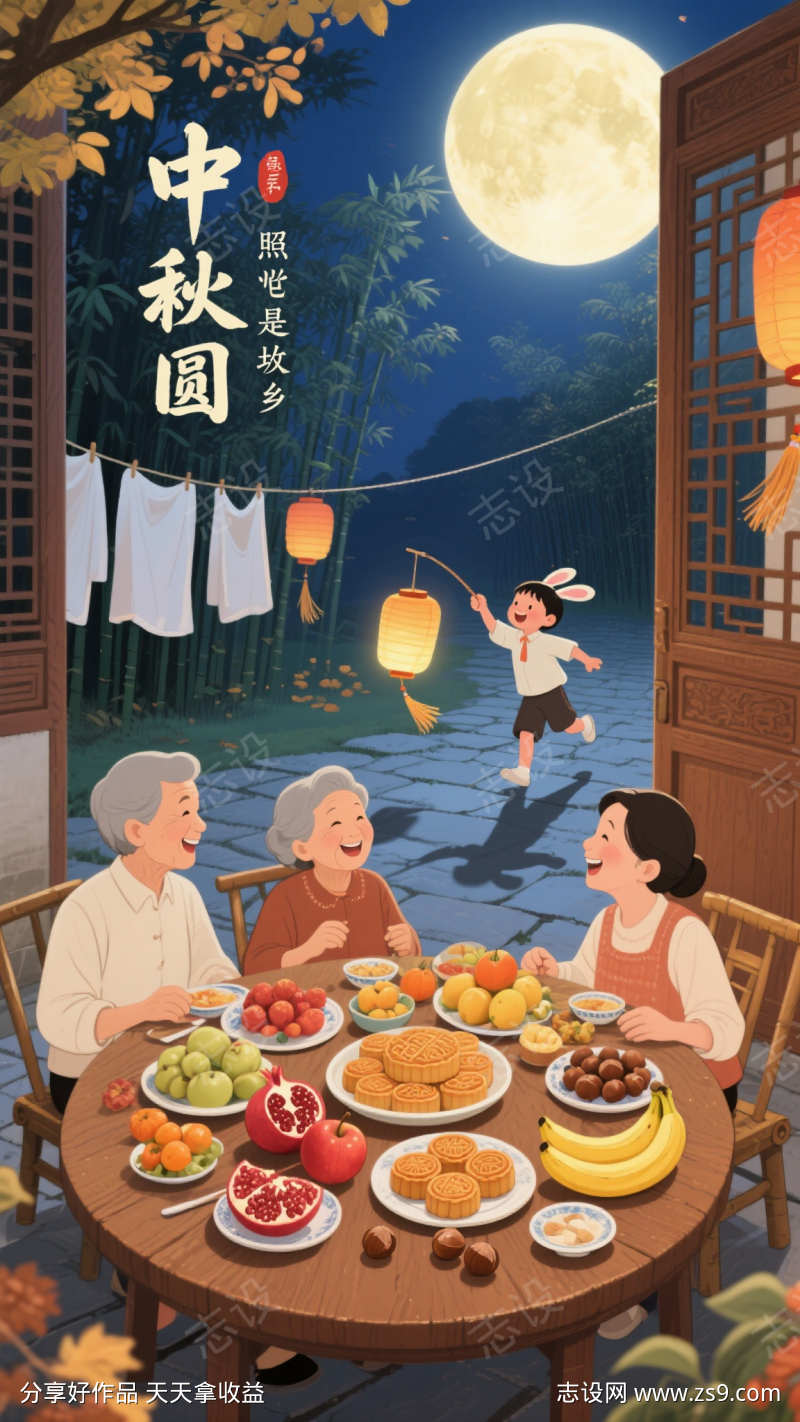 中秋节圆月团圆插画