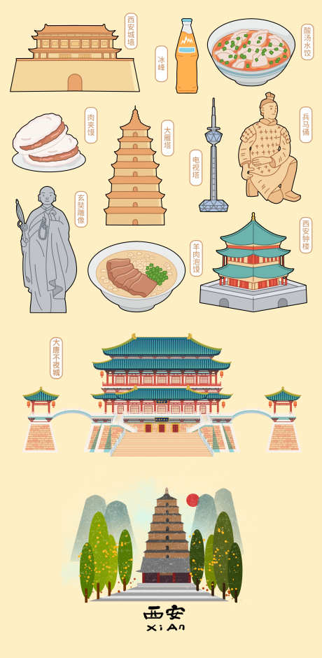 西安地标插画贴纸_源文件下载_PSD格式_4000X8172像素-地标,插画,贴纸-作品编号:2025082501582960-志,设`网