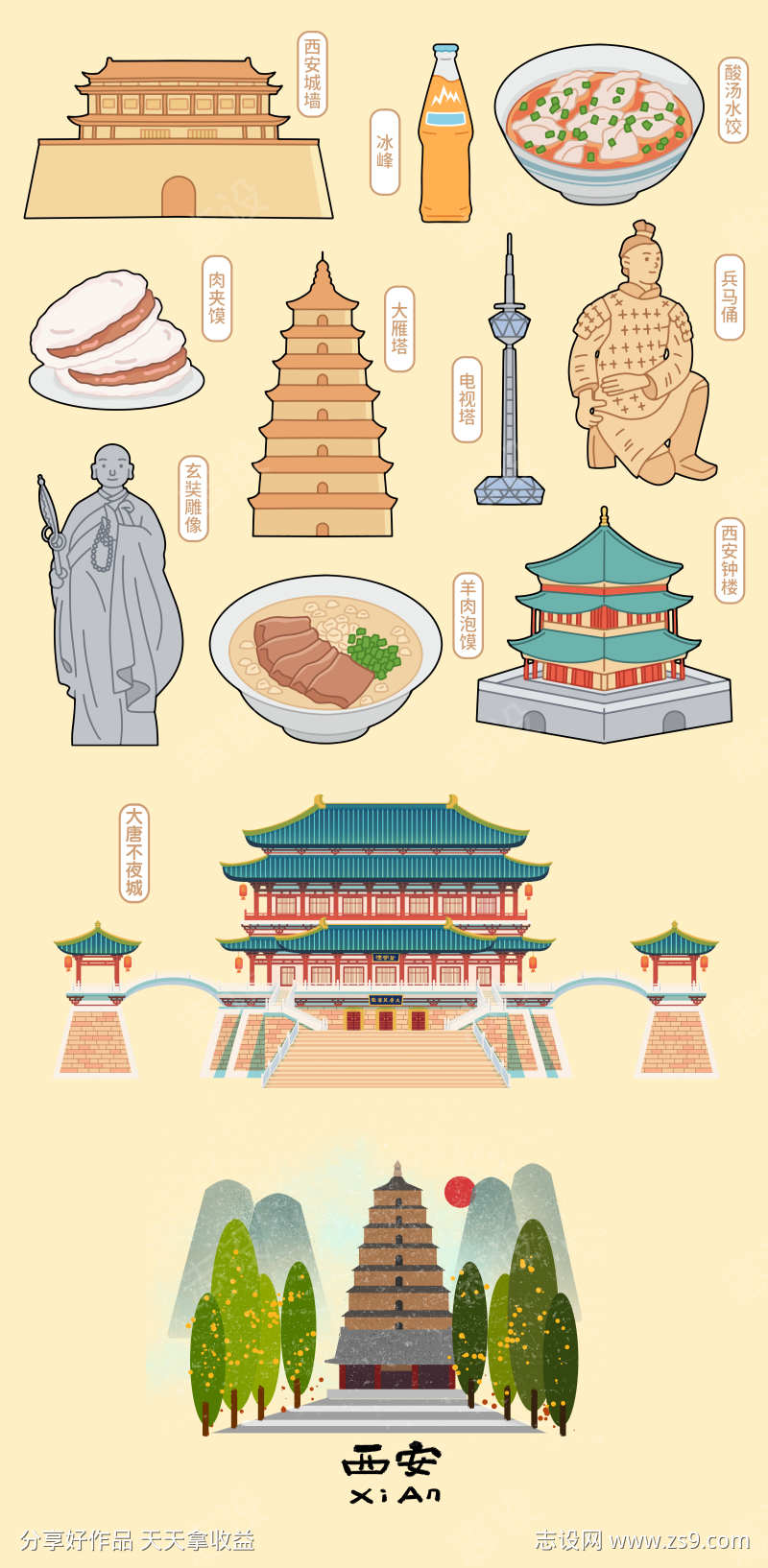 西安地标插画贴纸