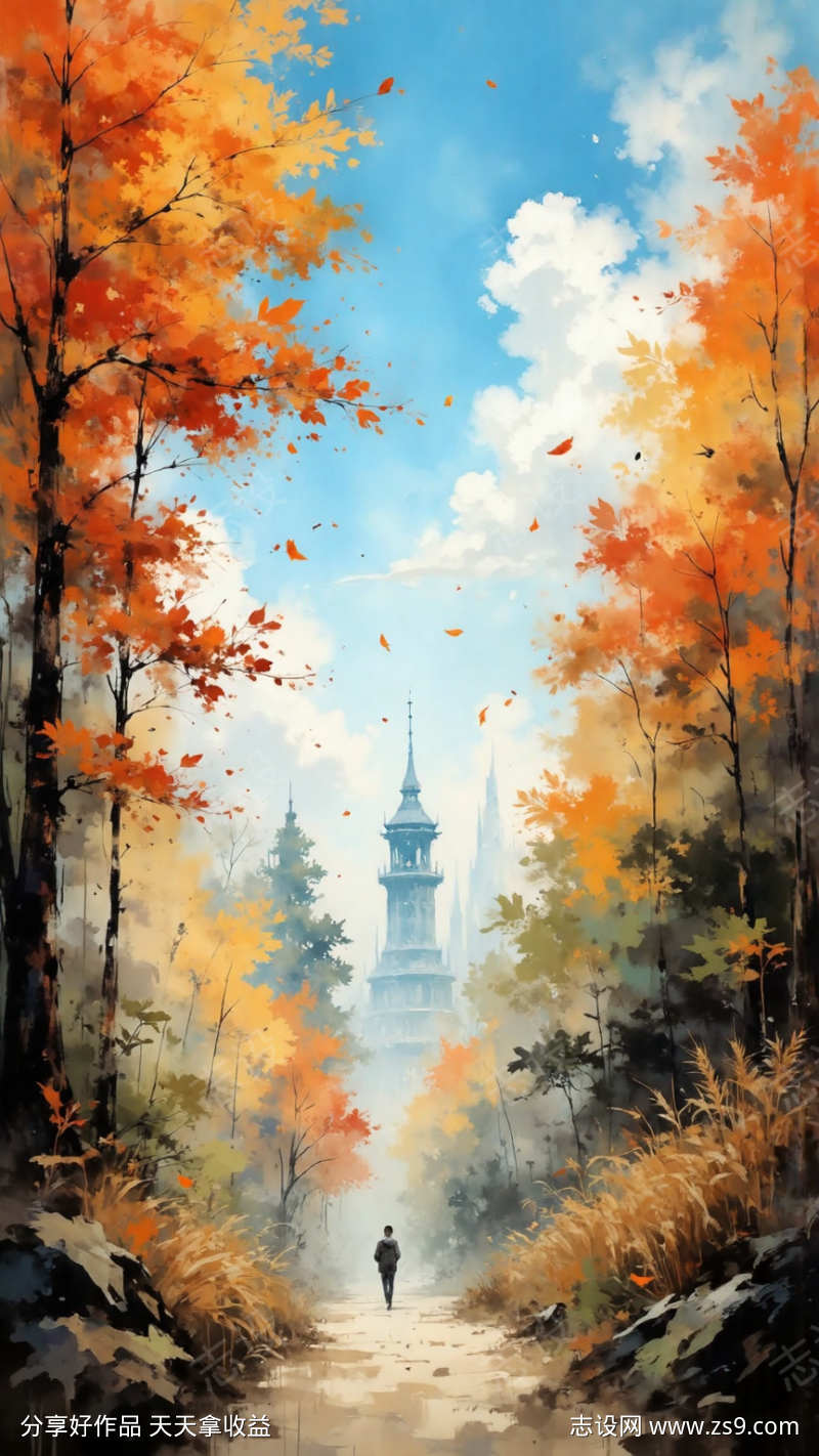 秋天景色插画海报背景