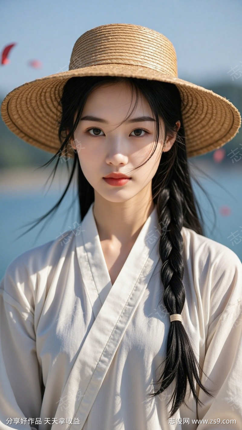 头戴草帽的麻花辫美女