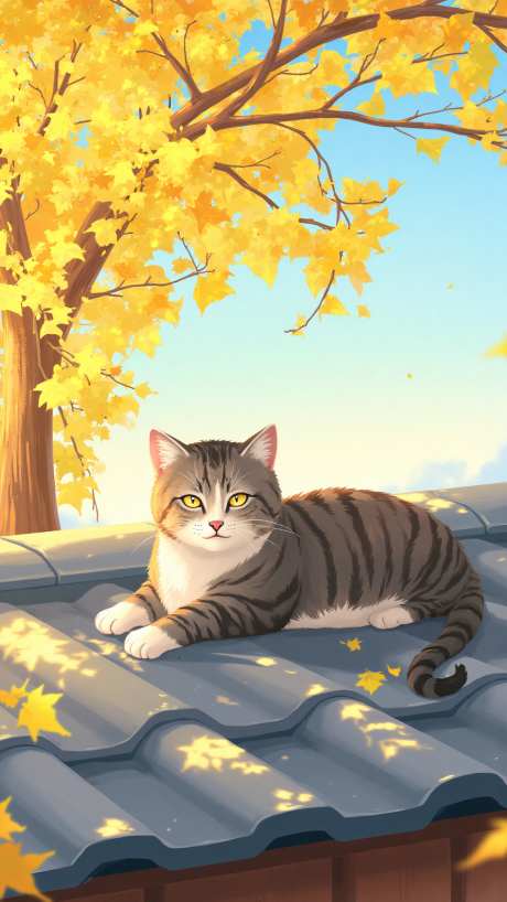 秋日午后国风意境猫_AI图片下载_euler采样_864X1536像素-日系,卡通,插画-作品编号:2025082610142140-志ˉ设‛ۛ网