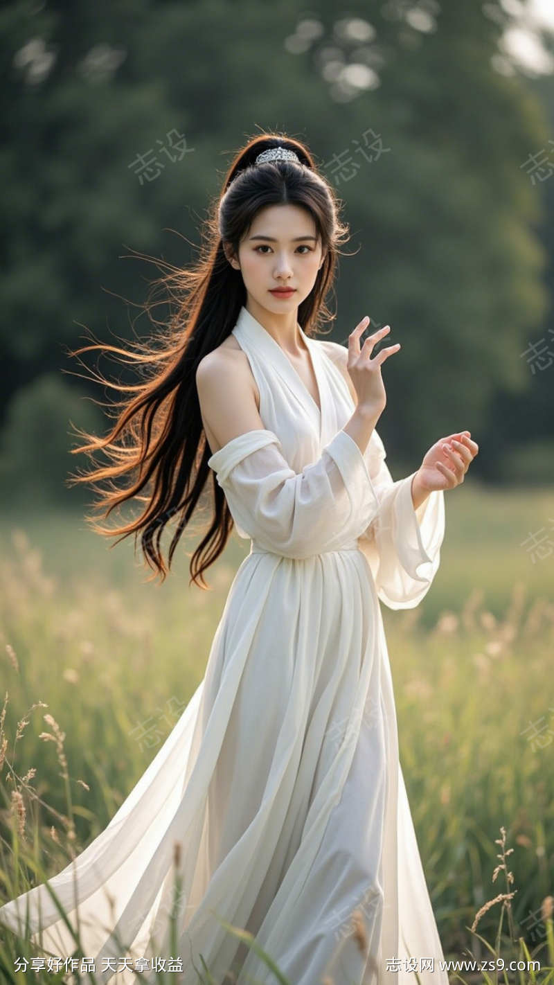白色连衣裙长发美女模特户外摄影