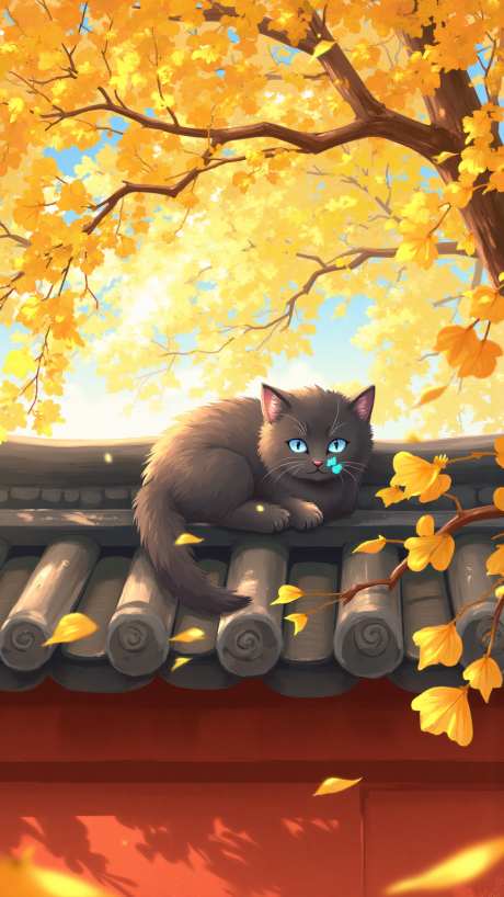 慵懒的小猫_AI图片下载_euler采样_864X1536像素-可爱,秋日,银杏树-作品编号:2025082616468976-志设