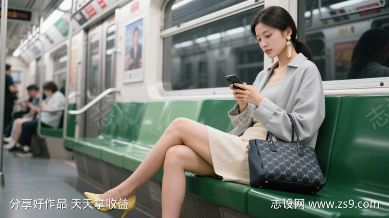 地铁职场女性低头看手机