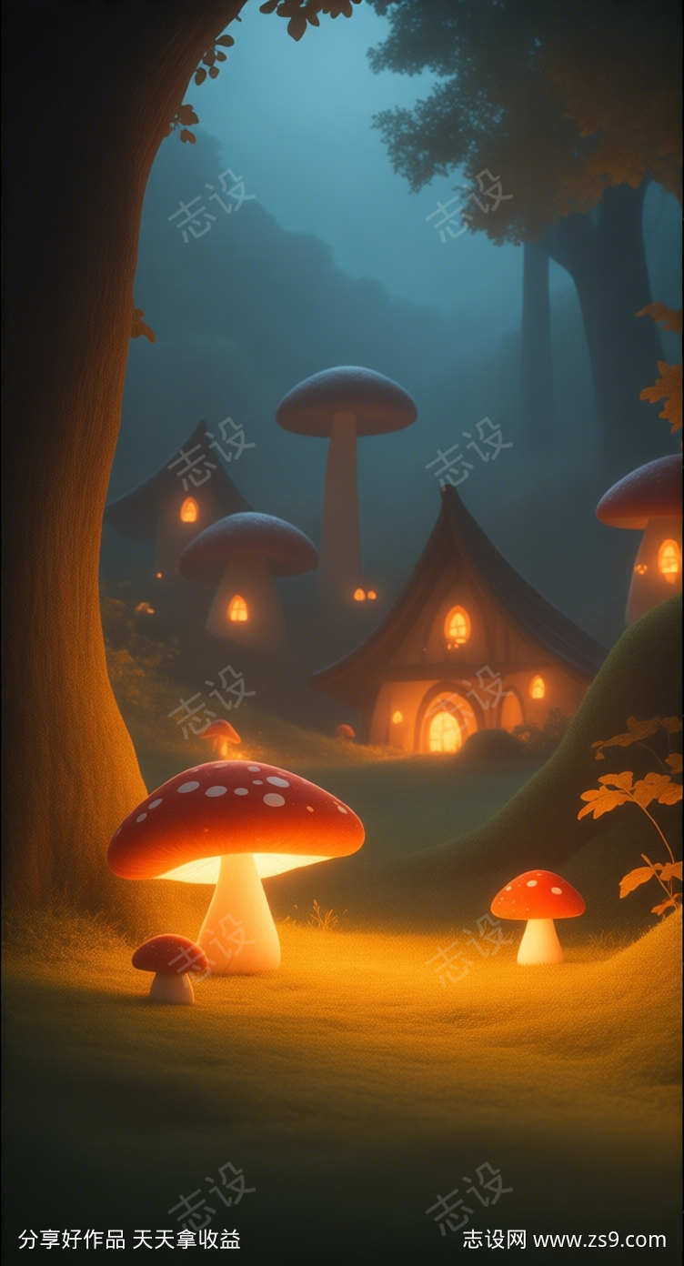 秋日发光的蘑菇