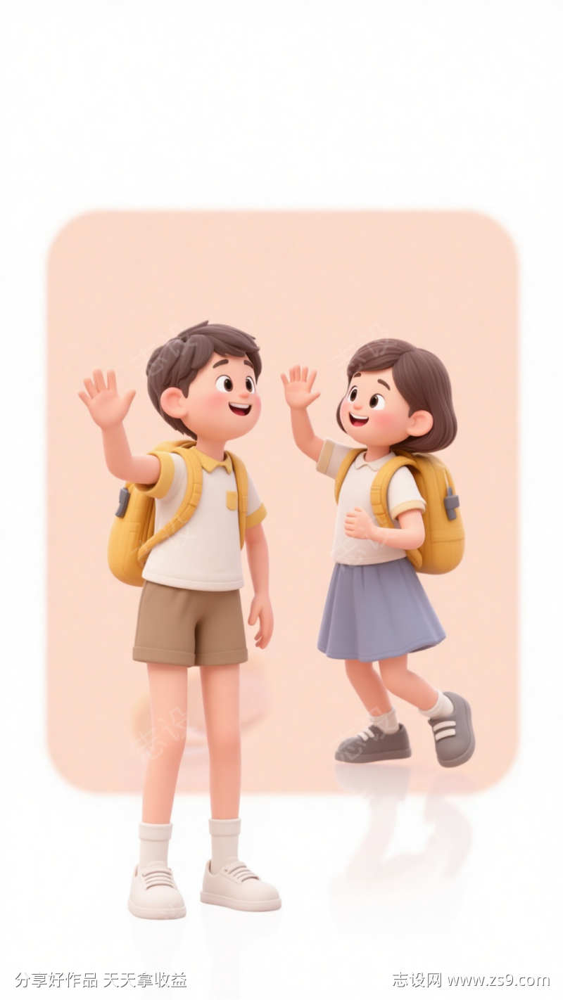 开学季3D卡通人物上学