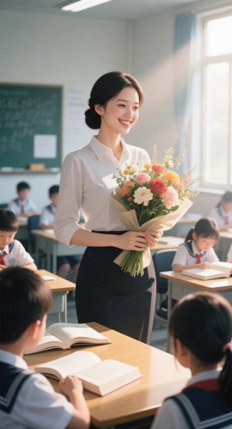 手捧鲜花的女老师_AI图片下载_采样_752X1392像素-学生,教师,老师-作品编号:2025090308254128-志ˈ̹设‘网