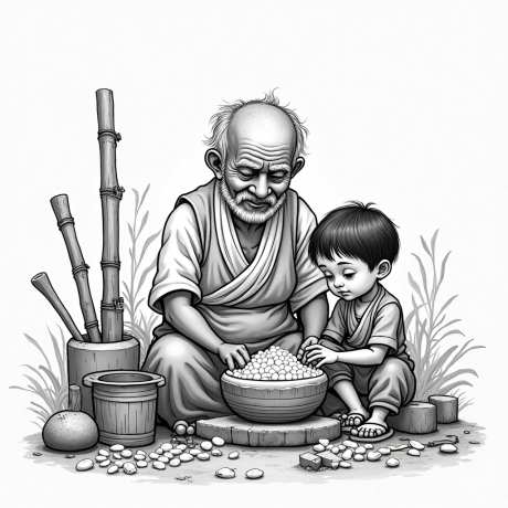 老人和小孩石磨磨豆子_AI图片下载_euler采样_1024X1024像素-手绘,磨豆子,老人-作品编号:2025090309524864-志.设ˌ网