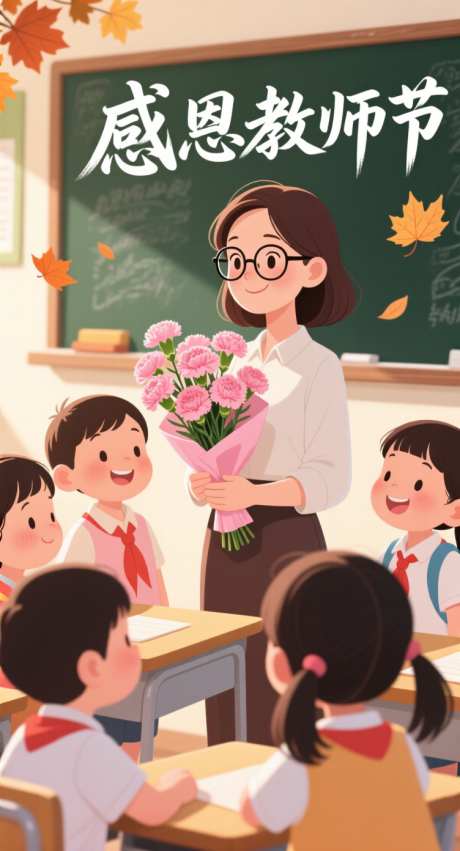 手捧康乃馨的老师_AI图片下载_采样_752X1392像素-感谢,黑板,学生-作品编号:2025090310109480-志˒设ˉ网