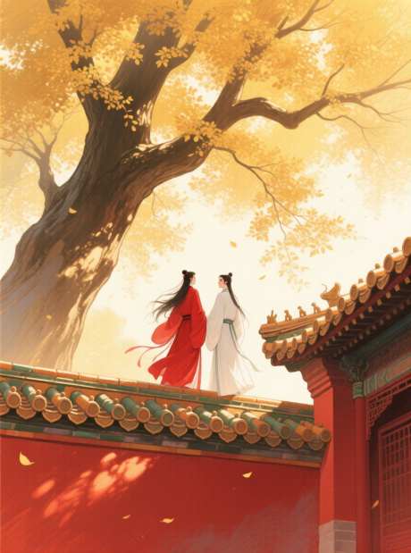 秋天古风插画_AI图片下载_采样_880X1184像素-红墙,古风,插画-作品编号:2025090310232059-志‘设·网