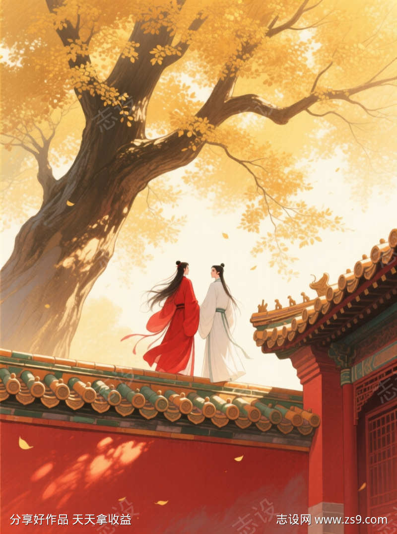 秋天古风插画
