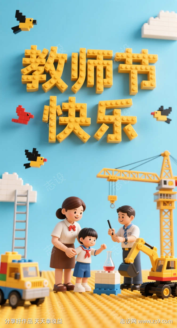 乐高风格教师节海报
