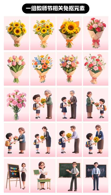 教师节相关免抠元素_源文件下载_AI格式_2633X4603像素-向日葵,康乃馨,插画-作品编号:2025090516102650-志,设ˌ网