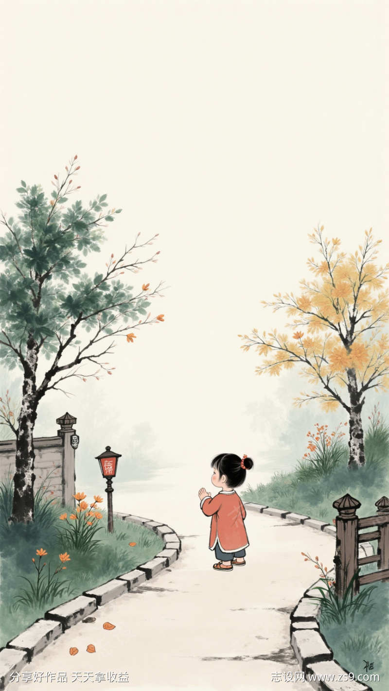 小女孩水墨国画国风插画