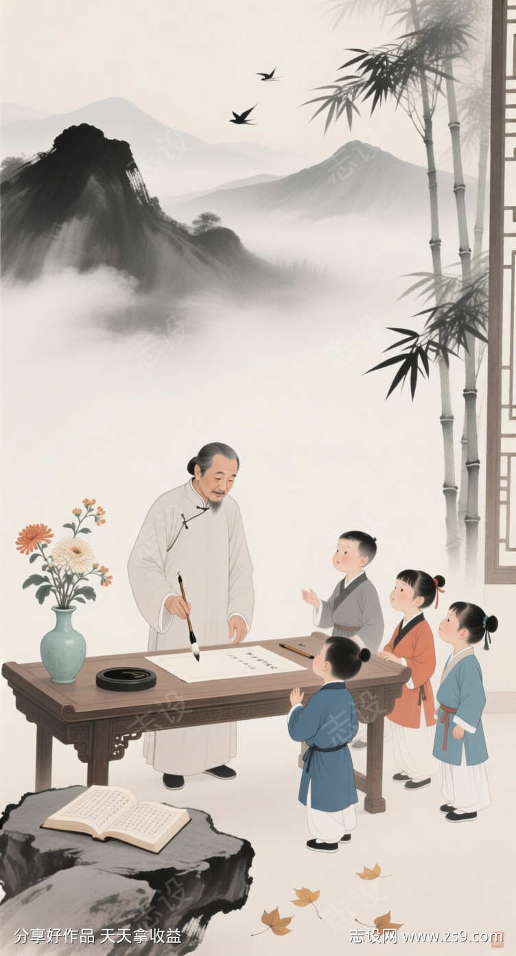 中国水墨画教师节海报