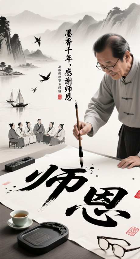 教师节感谢师恩海报_AI图片下载_采样_752X1392像素-远帆,山水,飞鸟-作品编号:2025090908288595-志˜设ˇ网