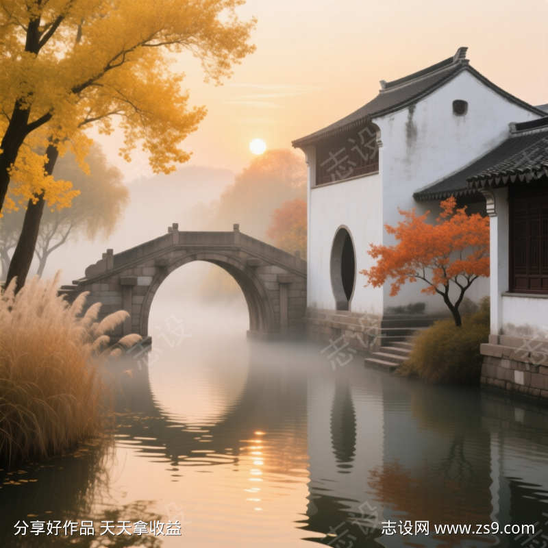江南水乡徽派建筑江边秋天一色海报