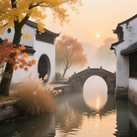 江南水乡徽派建筑江边秋天一色海报_AI图片下载_采样_1024X1024像素-秋天一色,江边,徽派建筑-作品编号:2025090910499997-志˓设˱网