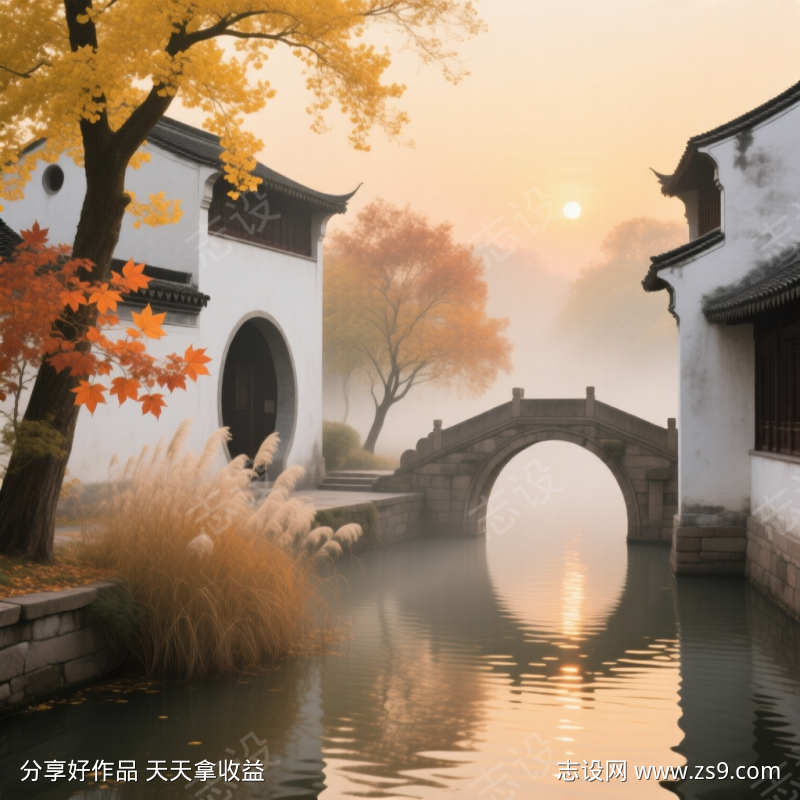 江南水乡徽派建筑江边秋天一色海报