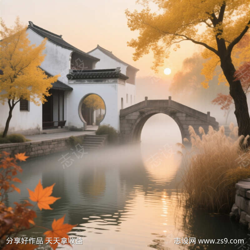 江南水乡徽派建筑江边秋天一色海报