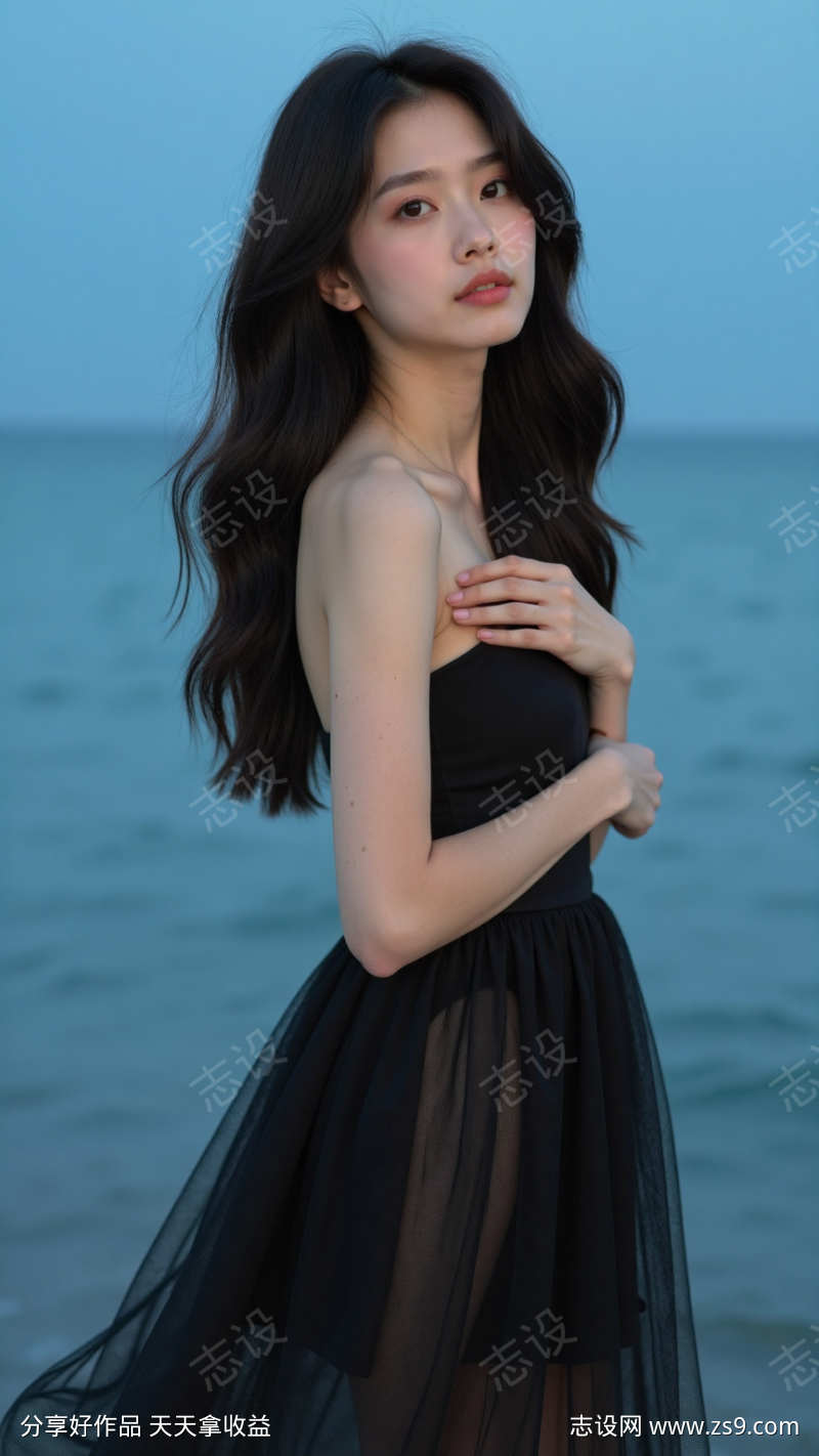 海边黑纱裙美女模特写真摄影