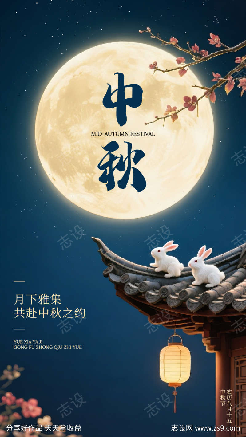 深蓝典雅风中秋节日手机海报