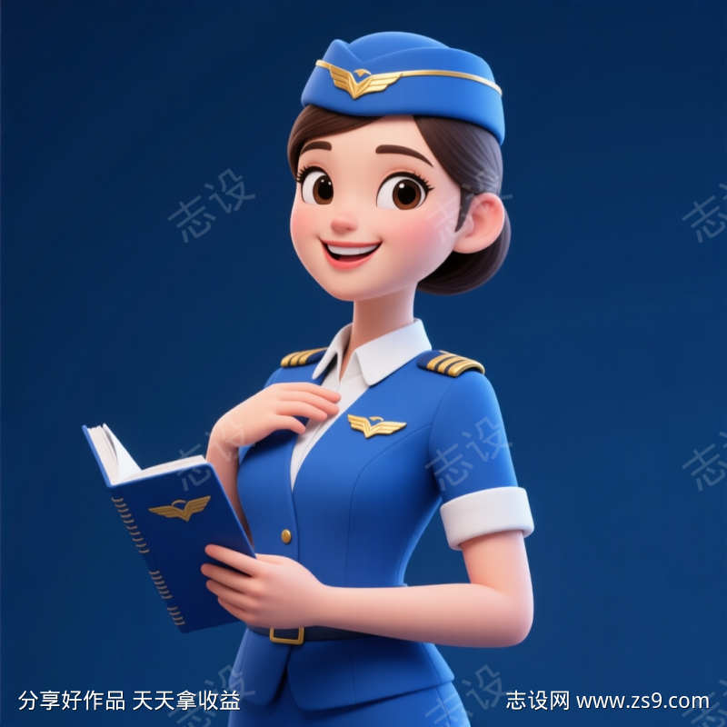 卡通3D蓝色制服空姐