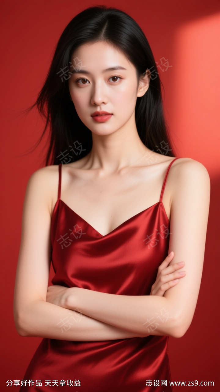 红色美女模特正面写真摄影