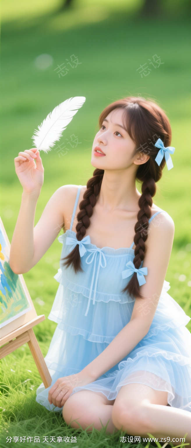 户外草地清新甜美双麻花辫美女模特实拍摄影