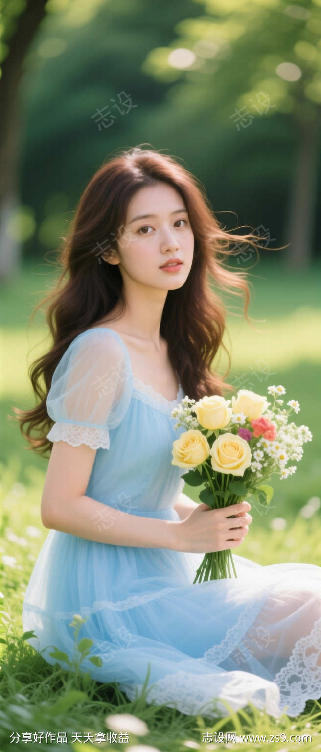 清新甜美手握花束户外草地美女模特实拍摄影