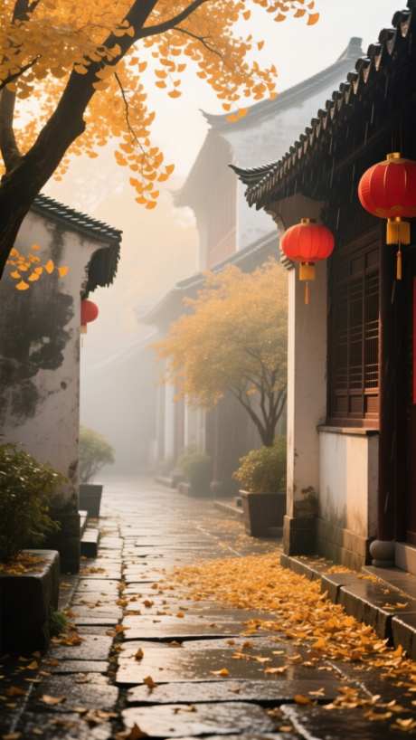 传统秋韵图_AI图片下载_dpmpp_2m采样_720X1280像素-秋雨,庭院,中国风-作品编号:2025091211397919-志˓设ˌ网
