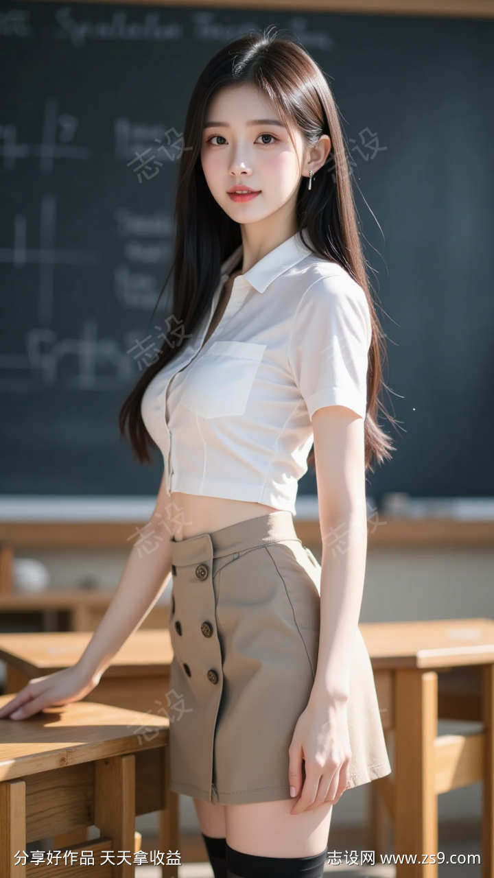 清新可爱长发女学生教室实拍摄影