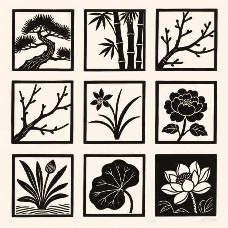 植物极简插画版画拓印_AI图片下载_euler采样_1024X1024像素-植物,极简,插画-作品编号:2025091314272225-志ˈ̹设ˈ̹网