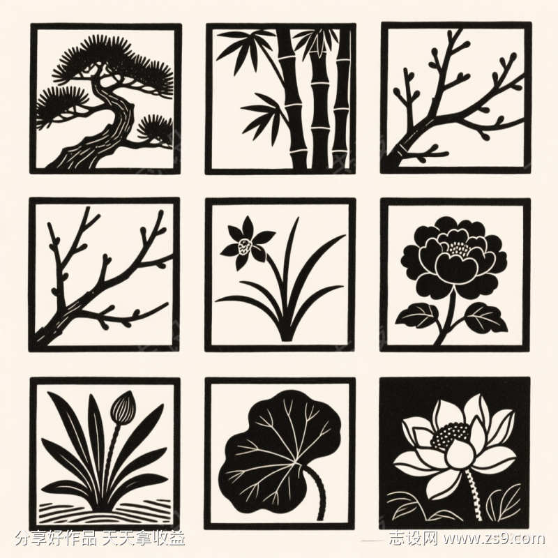 植物极简插画版画拓印