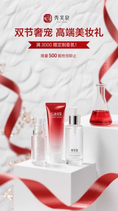 红色美妆护肤产品活动场景海报背景