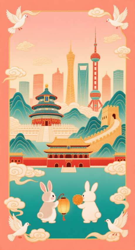 刺绣风格中秋国庆海报_AI图片下载_采样_752X1392像素-天坛,兔子看山河建筑,国庆海报-作品编号:2025091510123729-志·设ˉ网
