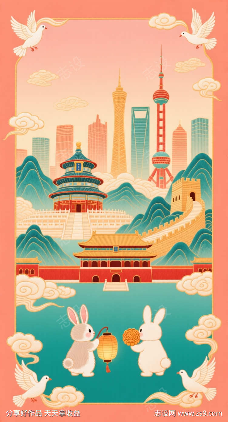 刺绣风格中秋国庆海报