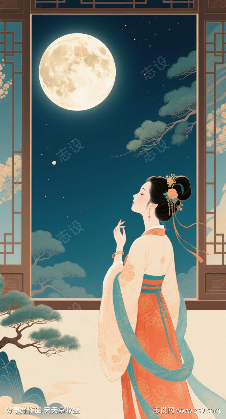 中秋节赏月插画