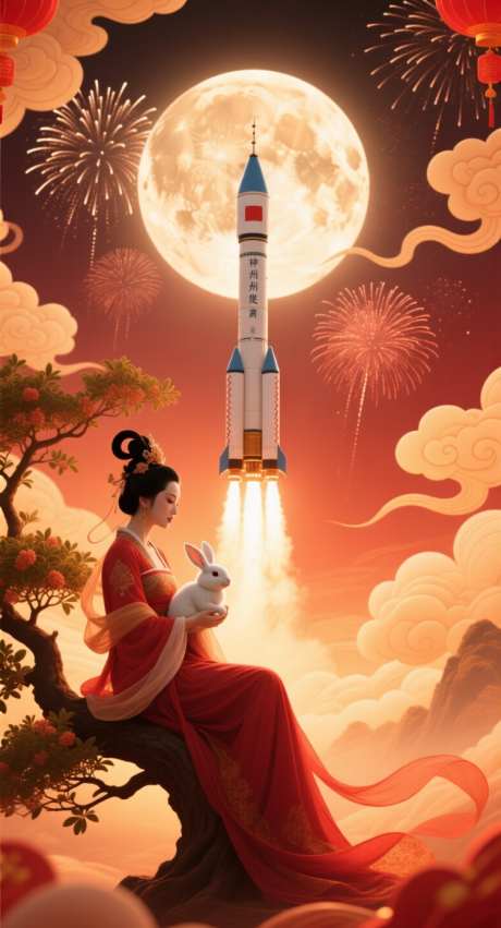 嫦娥抱着玉兔看发射火箭_AI图片下载_采样_752X1392像素-喜庆,月球,月亮-作品编号:2025091510381323-志˜设·网