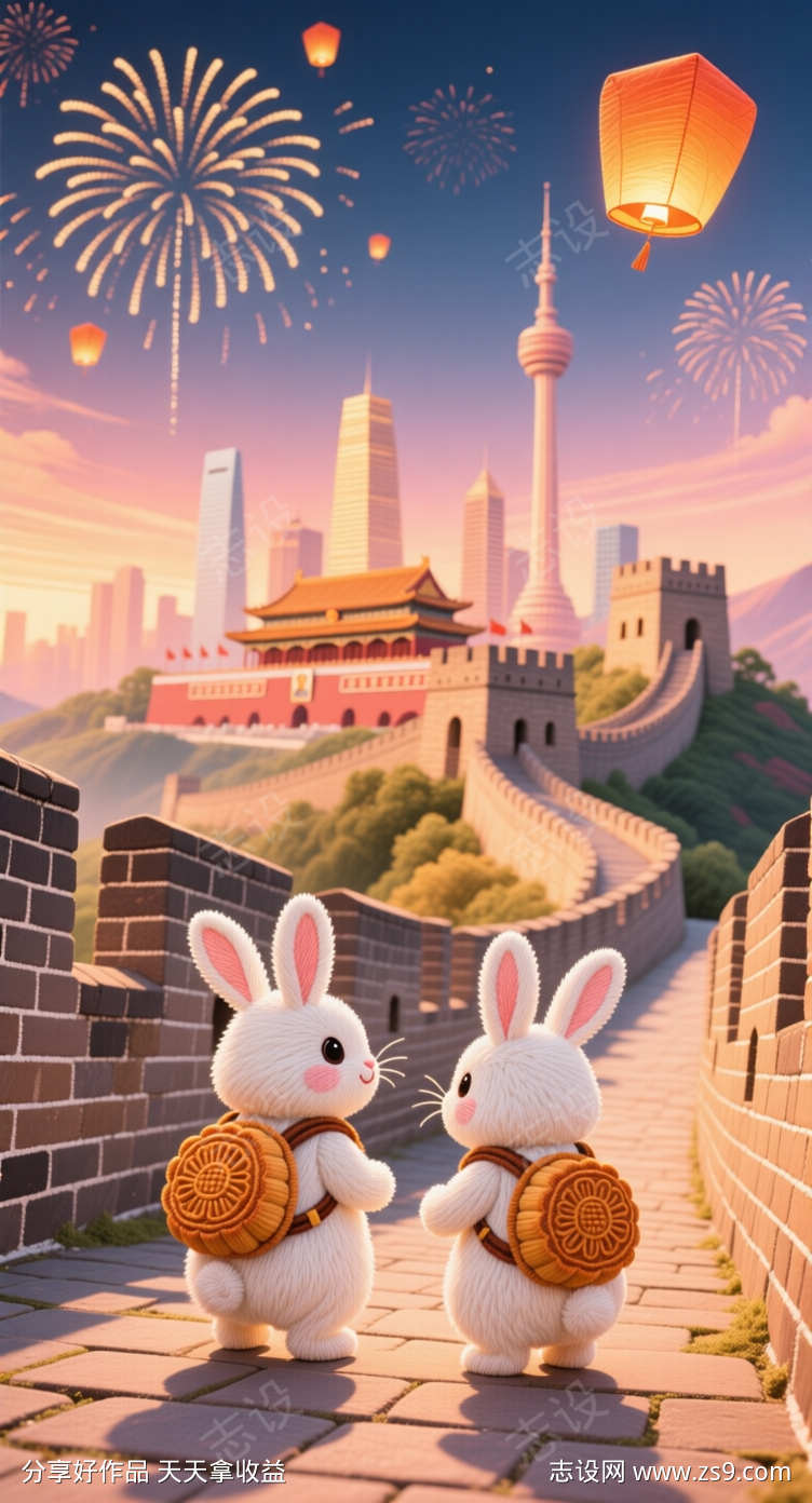 两只背着月饼的兔子爬长城